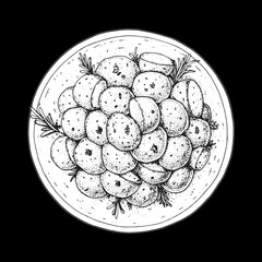Boiled potatoes with dill on a plate sketch. Hand drawn vector illustration. Top view.