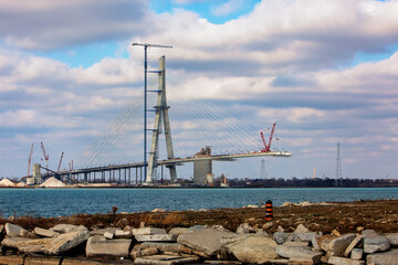 Windsor, Ontario Canada - November 23, 2023: Gordie Howe bridge under construction showing the American tower final height.
