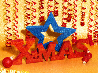 Gold color Christmas and Happy New Year 2024 holiday background with red Xmas label and blue star