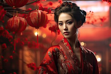 Japońska Gejsza w czerwonym kimono na tle ogrodu kwitnących wiśni.  - obrazy, fototapety, plakaty