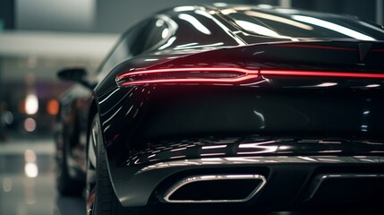 A panoramic view of a black luxury car's rear profile in a dealership salon, focusing on the sleek tail lights and the sporty design