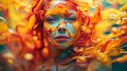 A woman with orange and blue paint on her face