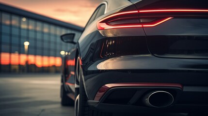 A panoramic view of a black luxury car's rear profile in a dealership salon, focusing on the sleek tail lights and the sporty design