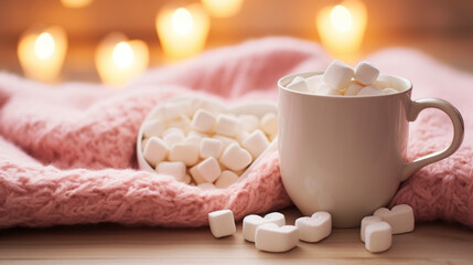 Obraz na płótnie Canvas A cozy blanket and a mug of hot cocoa adorned with heart-shaped marshmallows, creating a warm and romantic atmosphere for a thoughtful Valentine's Day gift