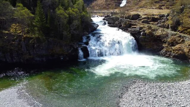 Kardalsfossen Waterfall Artistic Shot, Tilt Up - Myrdal, Norway 2.7K Aerial Footage
