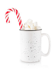 Sweet homemade traditional cocoa drink or seasonal hot chocolate with marshmallow topping decorated with striped candy cane served in ceramic cup or mug isolated on white background for winter holiday