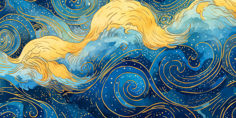 Magical fairytale ocean waves art painting. Unique blue and gold wavy swirls of magic water. Fairytale navy and yellow sea waves. Children’s book waves, kids nursery cartoon illustration by Vita - obrazy, fototapety, plakaty