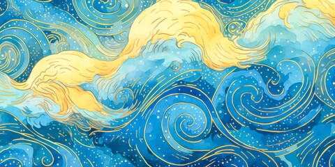 Magical fairytale ocean waves art painting. Unique blue and gold wavy swirls of magic water. Fairytale navy and yellow sea waves. Children’s book waves, kids nursery cartoon illustration by Vita