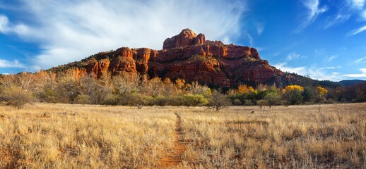 Cathedral Rock Sandstone Cliffs Scenic Panoramic Landscape View with Green Valley and Blue Skyline in Red Rock State Park Sedona Arizona United States