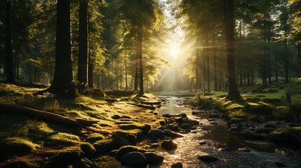 calm forest with sunlight streaming through the trees
