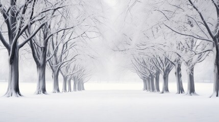  a row of trees covered in snow in front of a large field with grass and trees on both sides of the tree lined path, with snow on both sides of the trees.