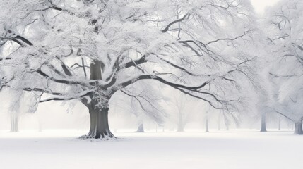  a snow covered tree in the middle of a park with snow on the ground and in the foreground, trees with snow on the ground, and in the foreground.