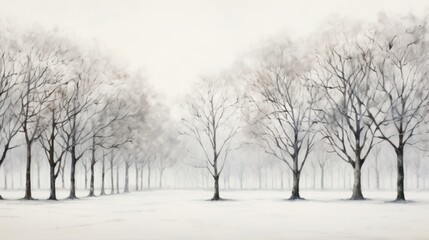  a painting of a winter scene with trees in the foreground and snow on the ground in the foreground, and a foggy sky in the back ground.