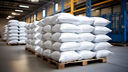 Rows of big white sacks at large warehouse in modern factory. Ready for loading and further transportation.