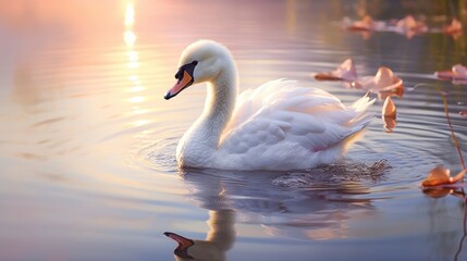  a white swan floating on top of a lake next to a bunch of water lillies and a pink and orange flower floating on the water next to it's surface. - obrazy, fototapety, plakaty