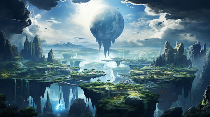 surreal dreamscape with floating islands and waterfalls in the sky