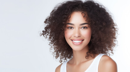 Beautiful girl with an afro hairstyle smiling. Smiling woman hairstyle wavy curly hair. Fashion, beauty and make up portrait.

