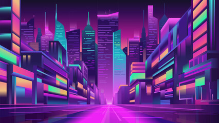 City night street with houses and buildings with glowing blue and violet neon lights, perspective view, Big city panorama with modern architecture and skyscrapers, Vector skyline illuminated urban