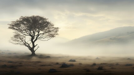  a lone tree in the middle of a field with a mountain in the background in the distance is a foggy sky and a few rocks in the foreground.