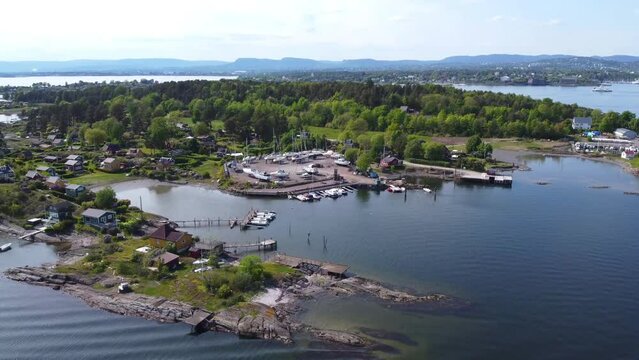 Oslo Island Lind&oslash;ya Overview Harbor with Many Boats - Oslo, Norway 2.7K Aerial Footage