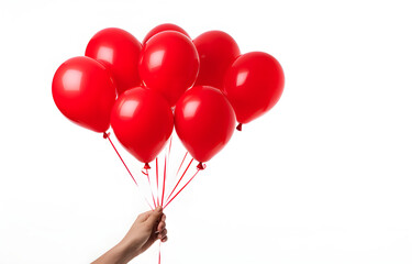 bunch of red heart shape balloons in man's hand on white background