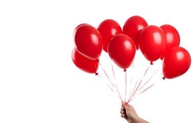bunch of red heart shape balloons in man's hand on white background