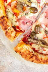 artichoke pizza ham olives fast food eating appetizer meal food snack on the table copy space food background rustic top view