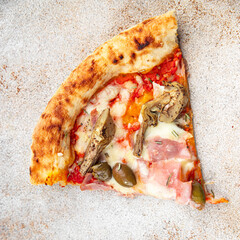 artichoke pizza ham olives fast food eating appetizer meal food snack on the table copy space food background rustic top view