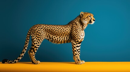  a cheetah standing on a yellow surface with a blue wall in the background and a blue wall in the background with a blue wall in the foreground.