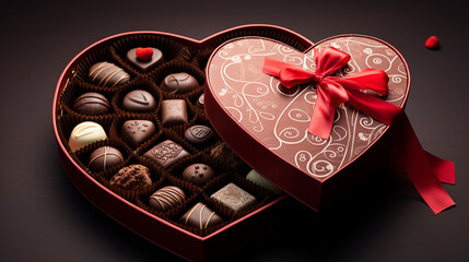 An assortment of heart-shaped chocolates arranged in an exquisite box, capturing the sweetness of a Valentine's Day gift, portrayed in high definition