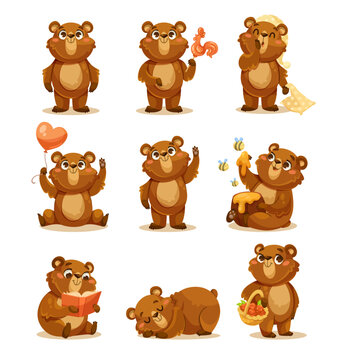 Little Brown Bear Cub Character with Cute Snout Vector Set