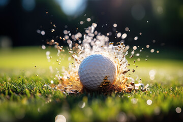 Closeup of a golf ball splashing in water. Generative AI - obrazy, fototapety, plakaty