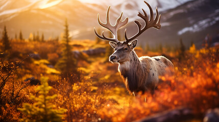 Majestic powerful male elk with big antlers in autumn forest. Majestic animal in natural habitat.
