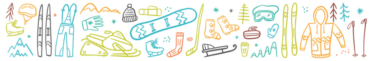 Vector horizontal collection of symbols for skiing and winter sports, hand-drawn in the style of doodles