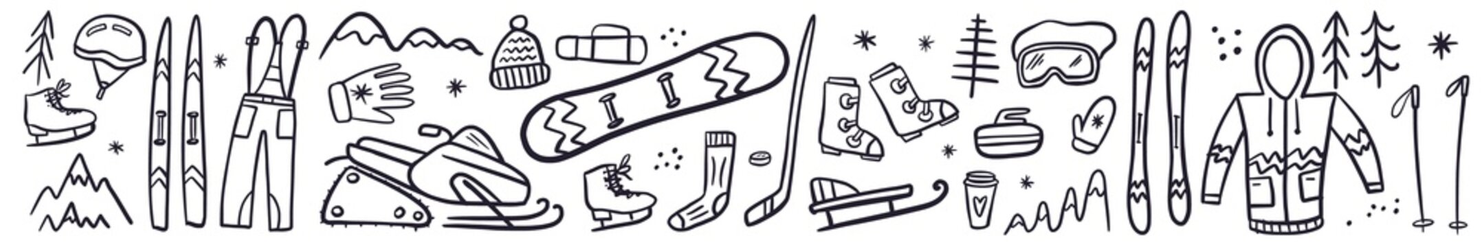 Vector horizontal collection of symbols for skiing and winter sports, hand-drawn in the style of doodles