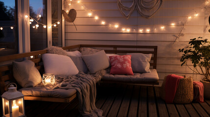 Set up a cozy outdoor patio with Valentine's Day-themed cushions, blankets, and fairy lights, creating a charming space captured in high definition