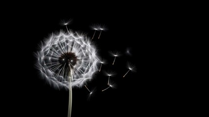  a dandelion is blowing in the wind on a black background with a black background and a white dandelion in the middle of the dandelion.