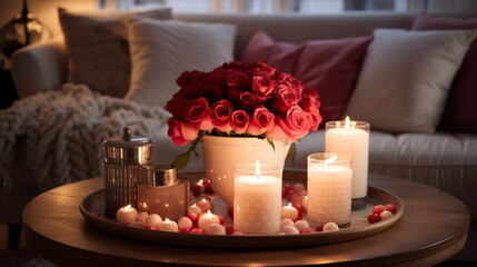 Transform a coffee table into a romantic centerpiece with candles, flowers, and love-themed decor, capturing the cozy ambiance in high definition