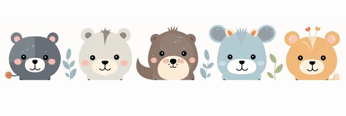 Funny cute bears and animals on a white background, banner illustration