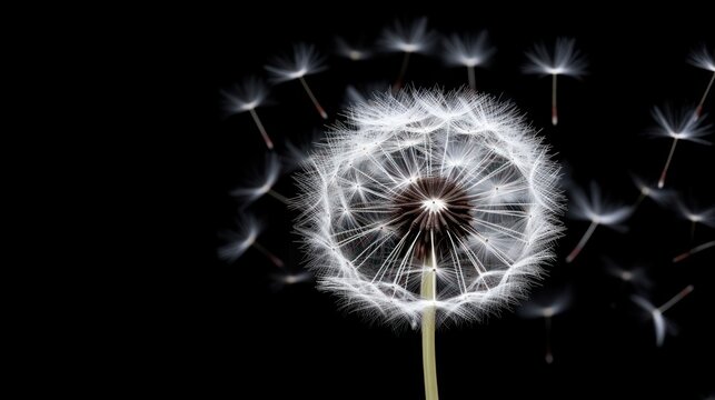  a close up of a dandelion on a black background with a blurry image of the dandelion in the foreground and the top of the dandelion.