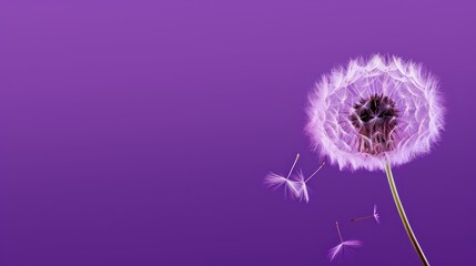  a close up of a dandelion on a purple background with a blurry image of the dandelion on the left side of the dandelion.