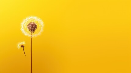  a dandelion sitting on top of a yellow table next to another dandelion on top of a yellow table next to another dandelion on a yellow table. - obrazy, fototapety, plakaty