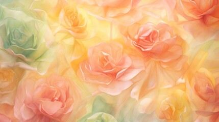  a bunch of flowers that are in the middle of a painting of pink, yellow, green, and orange flowers on a green and yellow background with a white border.