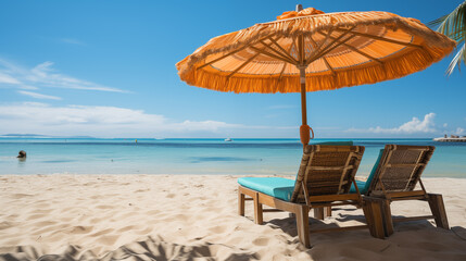 Sunny beach with colored umbrella and chaise-sun lounger on a clean sand. Tropical landscape, picture of a paradise