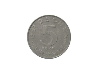 Reverse of Austria coin 5 groschen 1972, isolated in white background. Close up view.