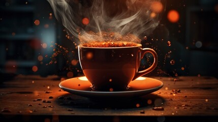  a steaming cup of coffee on a saucer with a saucer and saucer on a wooden table in front of a blurry background of boke of lights.