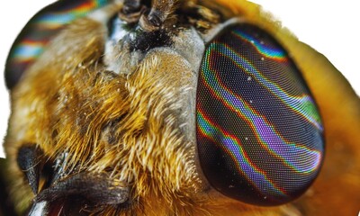 Photo of a macro bee with beautiful eyes close-up on white background.