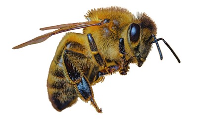 Photo of a macro bee with beautiful eyes close-up on white background.