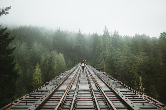 Misty forest railroad bridge with a lone woman walking