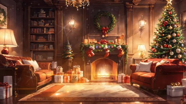 Christmas tree with gifts. Warm fireplace living room. Xmas decorations. Background loop animation video.